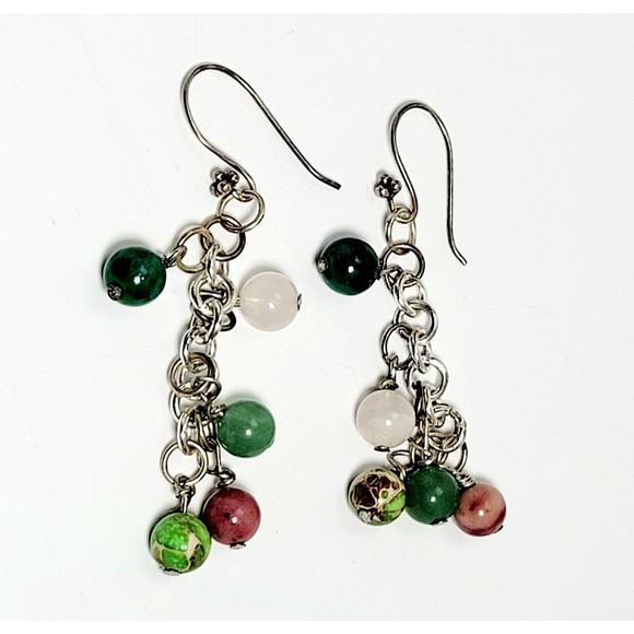 Genuine Agate Round Bead Multicolor Silver Tone Necklace & Drop Earrings Set New - Picture 6 of 11